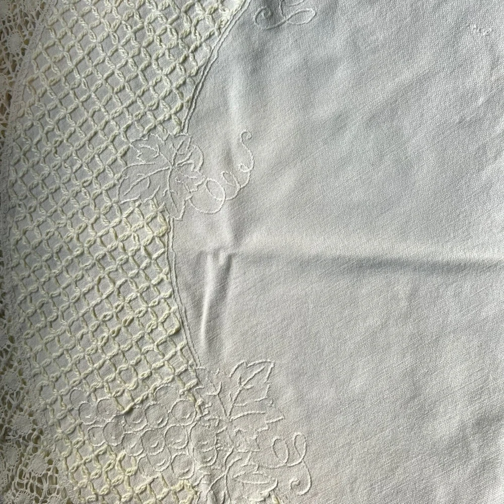Kirkland Signature 37in Round Tablecloth Ecru Embroidered Grape Vine Lace Trim